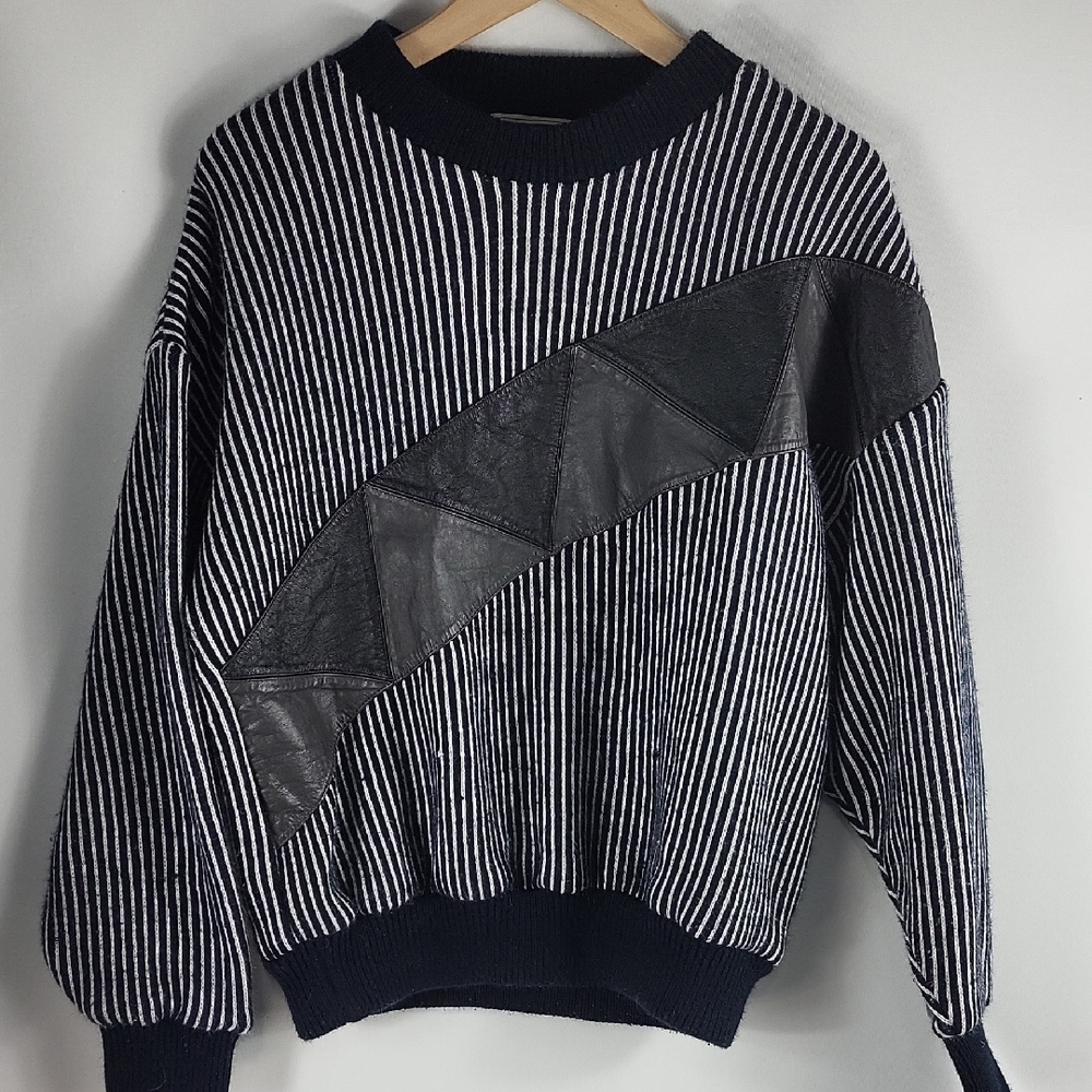 Vintage Knit Crewneck Sweater Leather Accents Medium